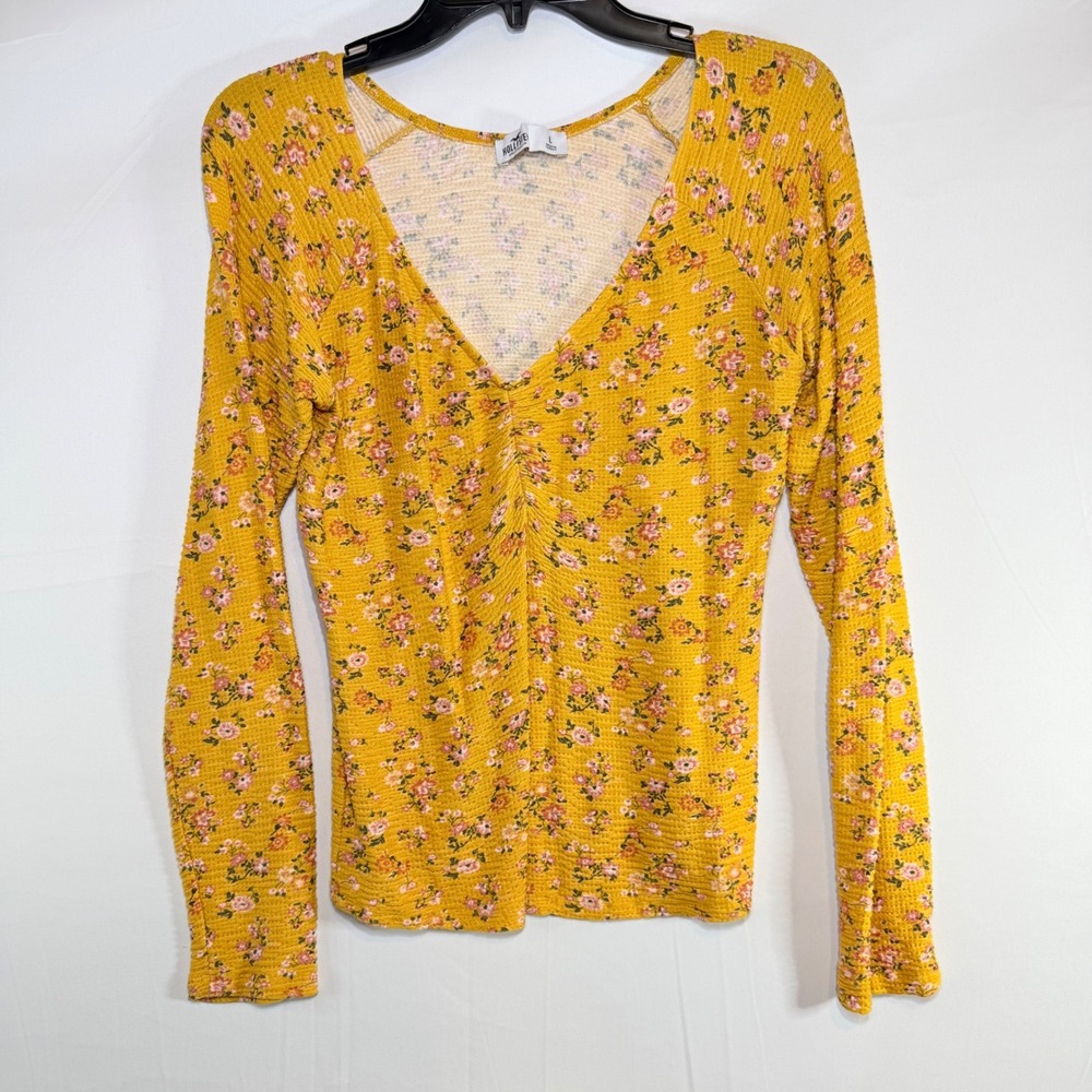 Hollister Womens Mustard‎ Yellow Floral Waffle Knit V-Neck Cinched Top Large